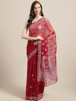 ADA - Maroon Georgette Lucknow Embroidered Chikan Saree With Unstitched Blouse (A100544)