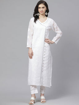 ADA - Embroidered White Lucknow Chikan Kurta With Pant (Set of 2) (XS) (A100560)