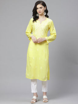 ADA - Embroidered Yellow and White Lucknow Chikan Kurta With Pant (Set of 2) (XS) (A100561)
