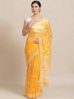 ADA - Embroidered Mustard Georgette Lucknow Chikan Saree With Unstitched Blouse (A100571)