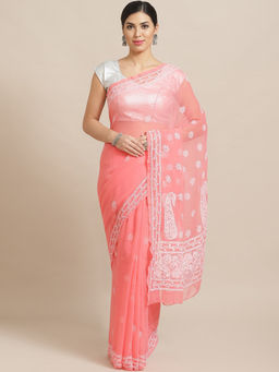 ADA - Pink Georgette Lucknow Embroidered Chikan Saree With Unstitched Blouse (A100572)