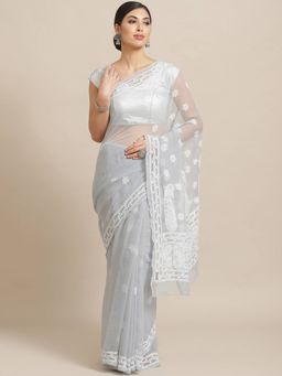 ADA - Embroidered Grey Georgette Lucknow Chikan Saree With Unstitched Blouse (A100573)