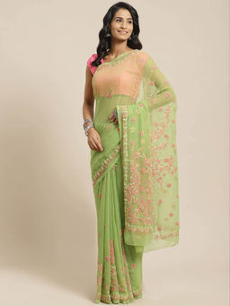 ADA - Green Georgette Lucknow Embroidered Chikan Saree With Unstitched Blouse (A120088)