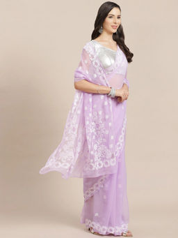 ADA - Hand Embroidered Lavender Georgette Lucknow Chikan Saree With Unstitched Blouse (A129559)