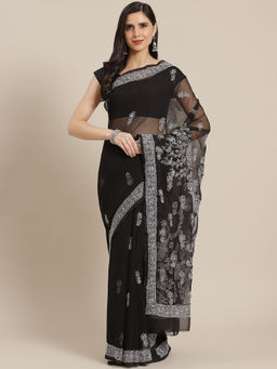 ADA - Hand Embroidered Black Georgette Lucknow Chikan Saree with Unstitched Blouse (A129570)