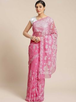 ADA - Pink Embroidered Saree with Unstitched Blouse (A129594)