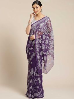 ADA - Purple Embroidered Saree with Unstitched Blouse (A130081)