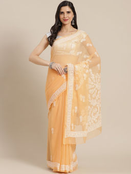 ADA - Hand Embroidered Peach Georgette Lucknow Chikan Saree with Unstitched Blouse (A130213)