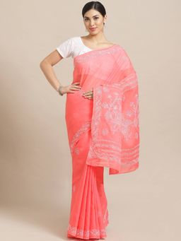 ADA - Embroidered Pink Cotton Lucknow Chikan Saree With Unstitched Blouse (A159237)