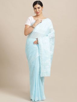 ADA - Embroidered Blue Cotton Lucknow Chikan Saree With Unstitched Blouse (A159238)