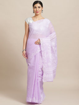 ADA - Mauve Cotton Lucknow Embroidered Chikan Saree With Unstitched Blouse (A159239)