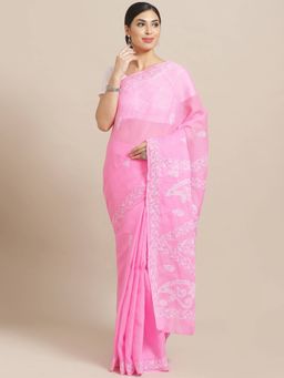 ADA - Embroidered Pink Cotton Lucknow Chikan Saree With Unstitched Blouse (A159240)