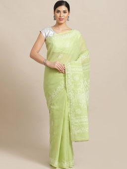 ADA - Embroidered Green Cotton Lucknow Chikan Saree With Unstitched Blouse (A159244)