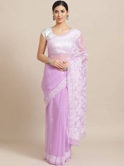 ADA - Embroidered Lavender Georgette Lucknow Chikan Saree With Unstitched Blouse (A183518)