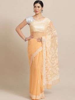 ADA - Embroidered Peach Georgette Lucknow Chikan Saree With Unstitched Blouse (A188942)