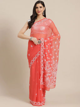 ADA - Hand Embroidered Carrot Pink Georgette Lucknow Chikan Saree with Unstitched Blouse (A191489)