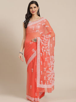 ADA - Hand Embroidered Carrot Pink Georgette Lucknowi Chikan Saree with Unstitched Blouse (A191620)