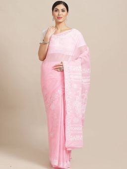 ADA - Embroidered Pink Cotton Lucknow Chikan Saree With Unstitched Blouse (A193358)