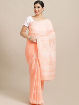 ADA - Peach Cotton Lucknow Embroidered Chikan Saree With Unstitched Blouse (A193366)
