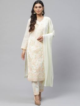 ADA - Hand Embroidered Cream Cotton Lucknowi Chikankari Dress Material- A211114 (A211114)