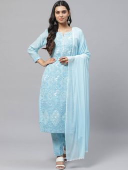 ADA - Hand Embroidered Blue Cotton Lucknowi Chikankari Dress Material- A211120 (A211120)