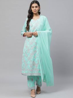 ADA - Hand Embroidered Sea Green Cotton Lucknowi Chikankari Dress Material- A211123 (A211123)