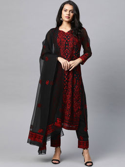 ADA - Hand Embroidered Black Georgette Lucknowi Chikan Unstitched Suit Piece (Set of 3) [A211174]