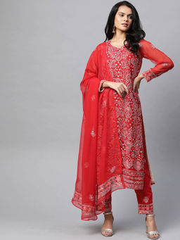 ADA - Hand Embroidered Red Georgette Lucknowi Chikan Unstitched Suit Piece (Set of 3) [A211176]