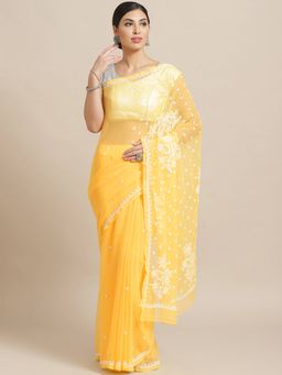 ADA - Embroidered Yellow Georgette Lucknow Chikan Saree With Unstitched Blouse (A233458)