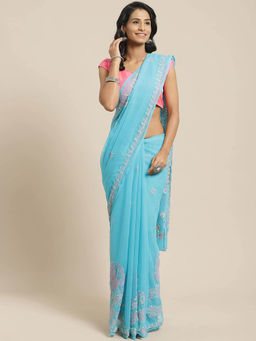 ADA - Blue Georgette Lucknow Embroidered Chikan Saree With Unstitched Blouse (A237053)