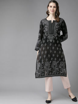 ADA - Hand Embroidered Black Cotton Lucknowi Chikan Kurta (XS) (A237205)