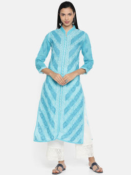 ADA - Blue Cotton Women Chikankari Kurta (XS) (A239012)