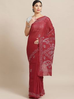 ADA - Embroidered Maroon Cotton Lucknow Chikan Saree With Unstitched Blouse (A252562)