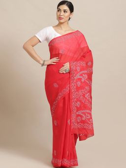 ADA - Embroidered Red Cotton Lucknow Chikan Saree With Unstitched Blouse (A252577)