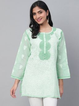 ADA - Green Embroidered Cotton Lucknow Chikan Kurti (XXS) (A273668)