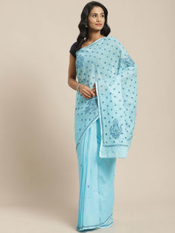 ADA - Kota Blue Lucknow Embroidered Chikan Saree With Unstitched Blouse (A311110)