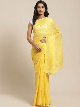 ADA - Kota Yellow Lucknow Embroidered Chikan Saree With Unstitched Blouse (A311111)