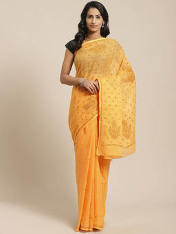 ADA - Kota Mustard Lucknow Embroidered Chikan Saree With Unstitched Blouse (A311112)