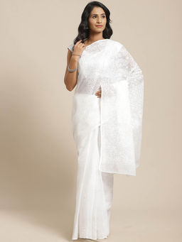 ADA - Kota White Lucknow Embroidered Chikan Saree With Unstitched Blouse (A311117)