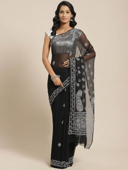 ADA - Black Georgette Lucknow Embroidered Chikan Saree With Unstitched Blouse (A311121)