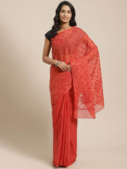 ADA - Kota Red Lucknow Embroidered Chikan Saree With Unstitched Blouse (A311122)
