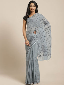 ADA - Kota Grey Lucknow Embroidered Chikan Saree With Unstitched Blouse (A311123)