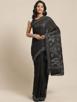 ADA - Black Cotton Lucknow Embroidered Chikan Saree With Unstitched Blouse (A311124)