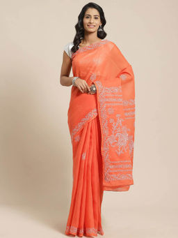 ADA - Rust Cotton Lucknow Embroidered Chikan Saree With Unstitched Blouse (A311125)