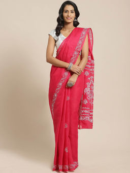 ADA - Magenta Cotton Lucknow Embroidered Chikan Saree With Unstitched Blouse (A311126)