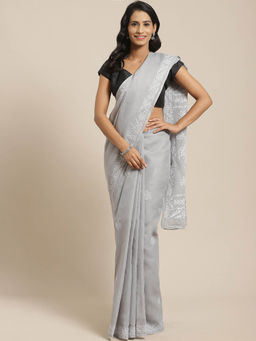 ADA - Grey Cotton Lucknow Embroidered Chikan Saree With Unstitched Blouse (A311127)