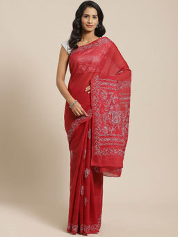 ADA - Maroon Cotton Lucknow Embroidered Chikan Saree With Unstitched Blouse (A311131)