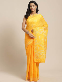 ADA - Mustard Cotton Lucknow Embroidered Chikan Saree With Unstitched Blouse (A311132)