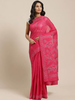ADA - Magenta Cotton Lucknow Embroidered Chikan Saree With Unstitched Blouse (A311133)