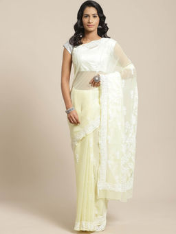 ADA - Yellow Georgette Lucknow Embroidered Chikan Saree With Unstitched Blouse (A311135)